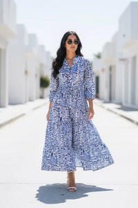 Blue Floral Cotton Long Dress