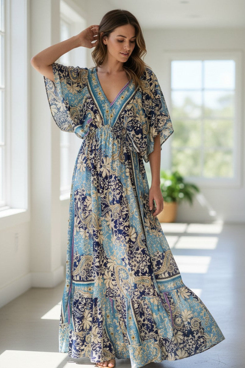 Blue and Beige Silk Viscose Dress