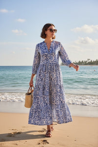 Blue Floral Cotton Long Dress