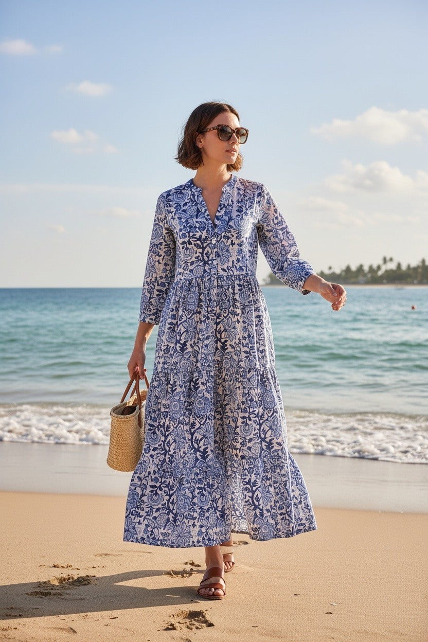 Blue Floral Cotton Long Dress