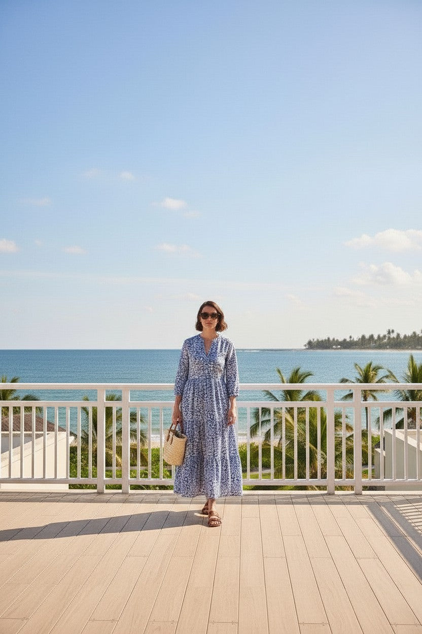 Blue Floral Cotton Long Dress