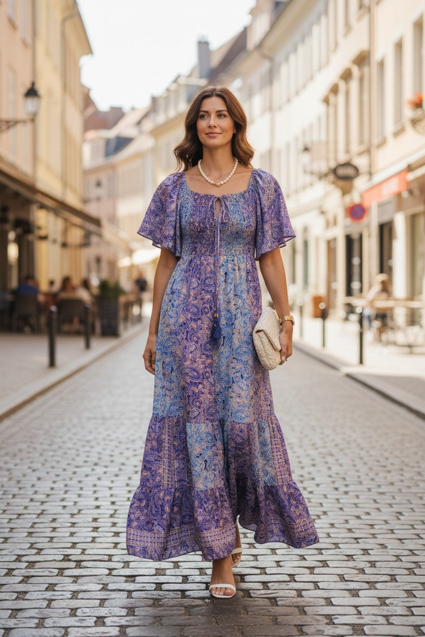 Robe longue rose imprimée