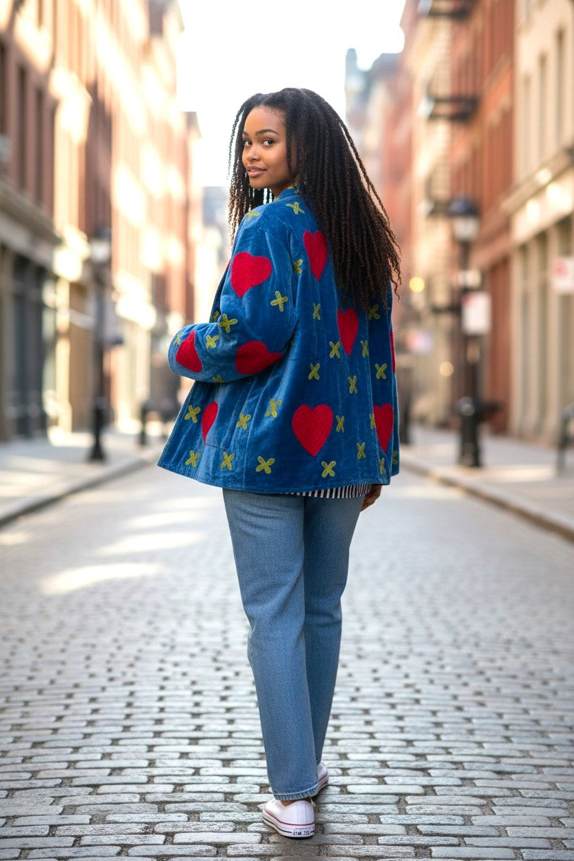 Velvet Suzani Jacket - Blue - Red Hearts