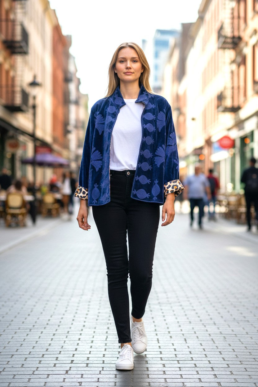 Velvet Suzani Embroidered Jacket Blue