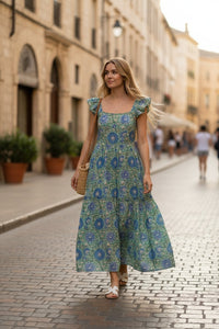 Mint Blue Floral Cotton Ruffle Dress