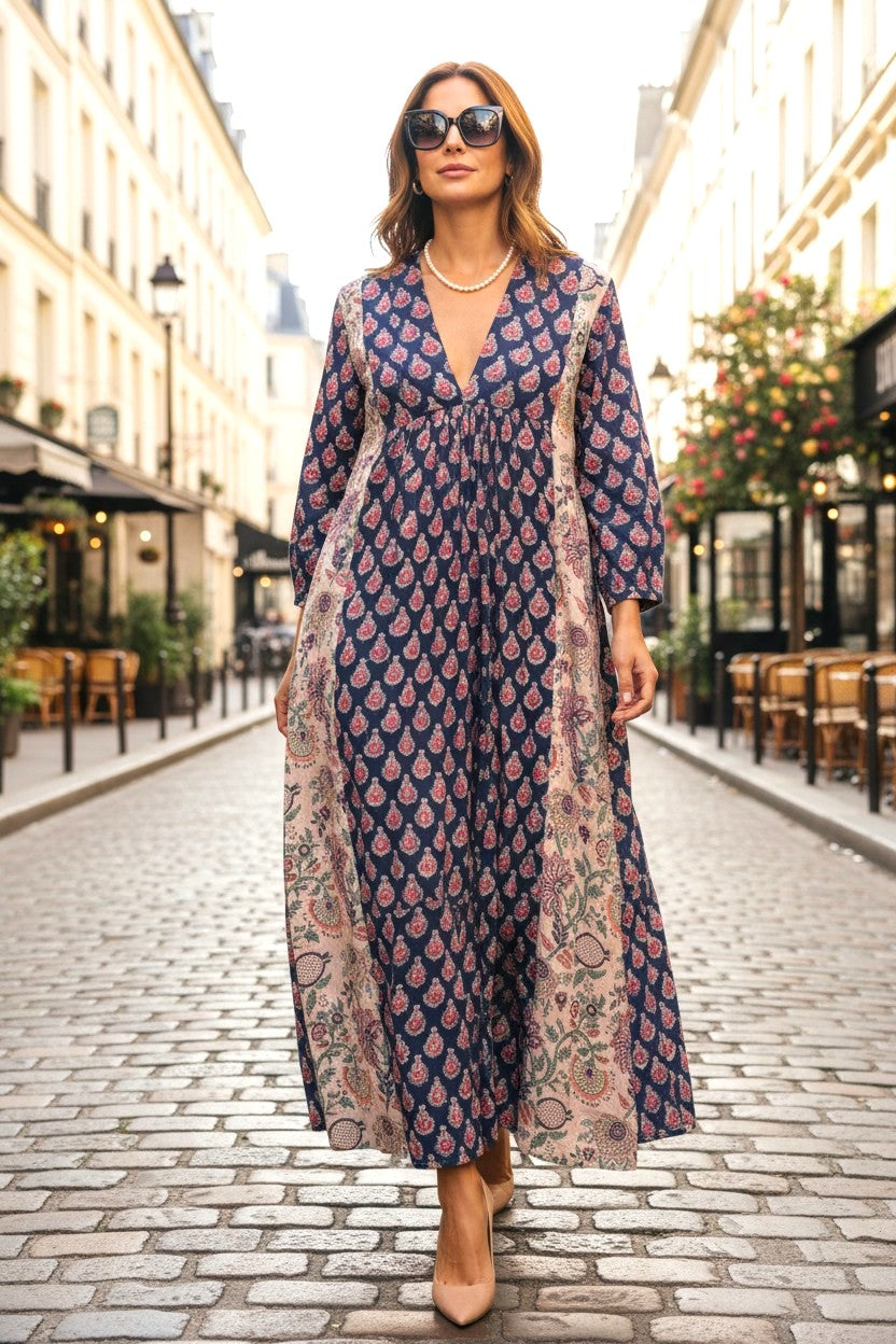 Blue And White Floral Cotton Long Dress