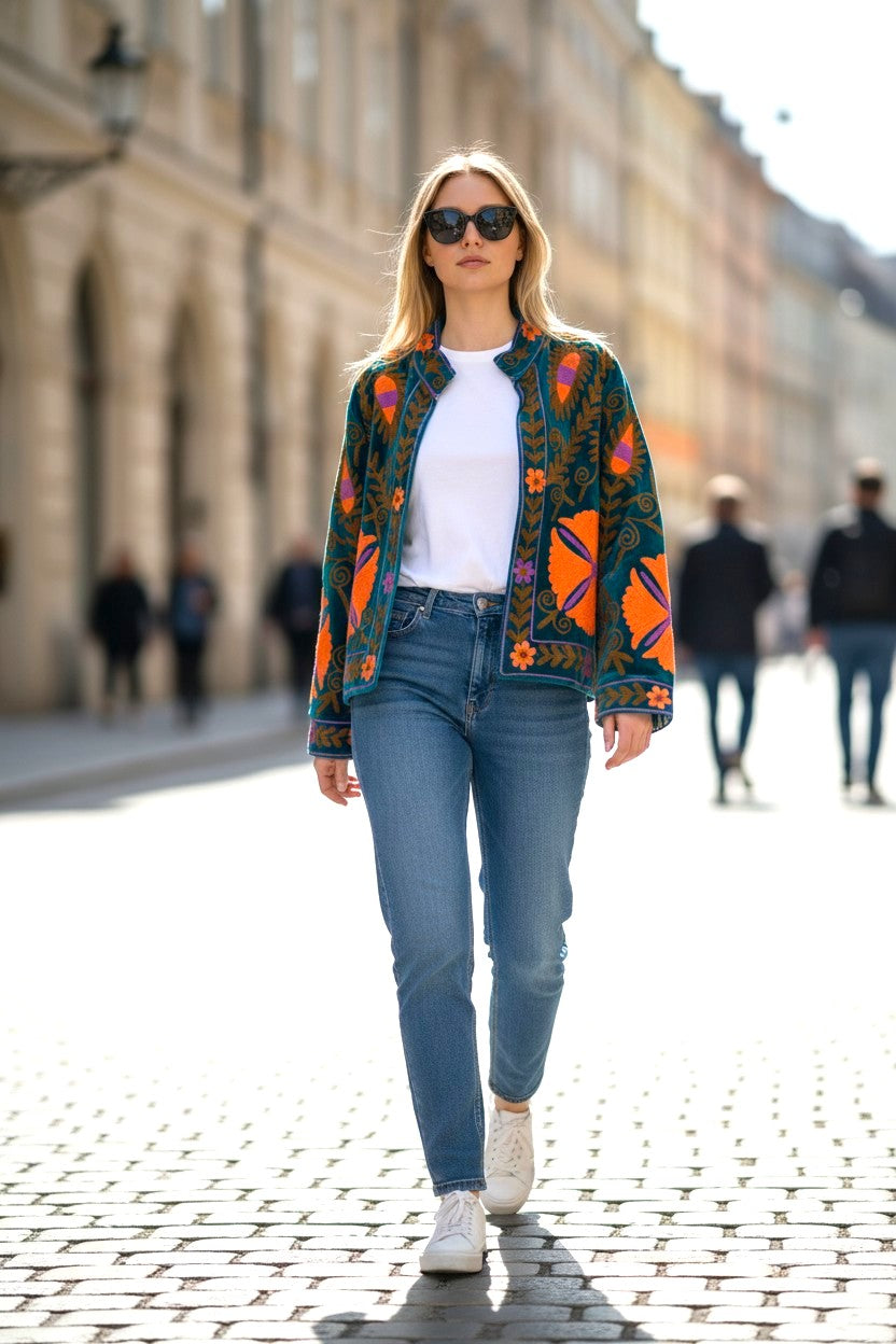 Velvet Suzani Jacket - Blue And Orange