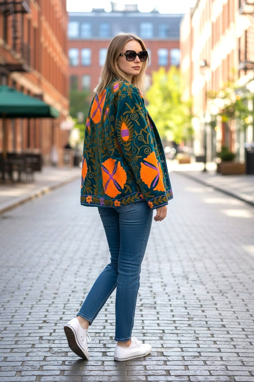 Velvet Suzani Jacket - Blue And Orange