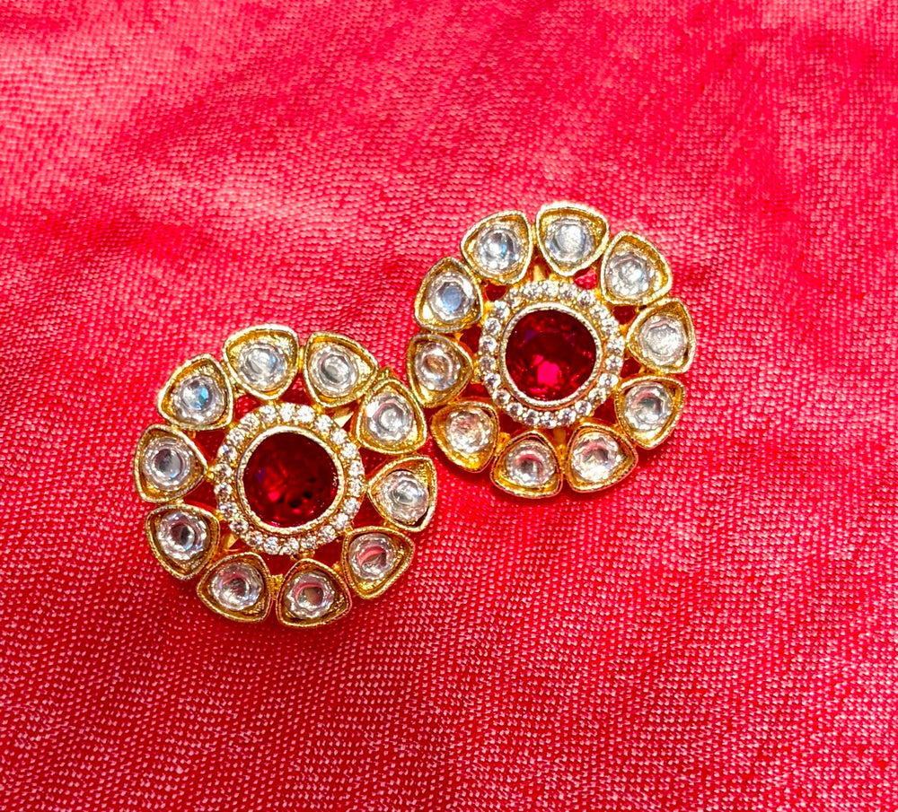 Ruby Red Kundan Floral Stud Earrings