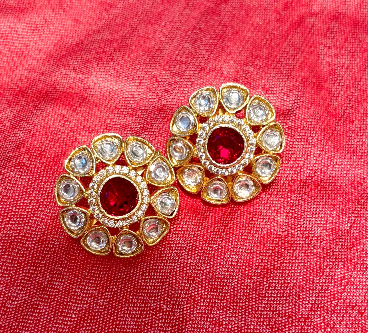 Ruby Red Kundan Floral Stud Earrings