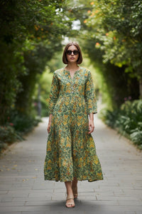 Green colour Floral Cotton Long Dress