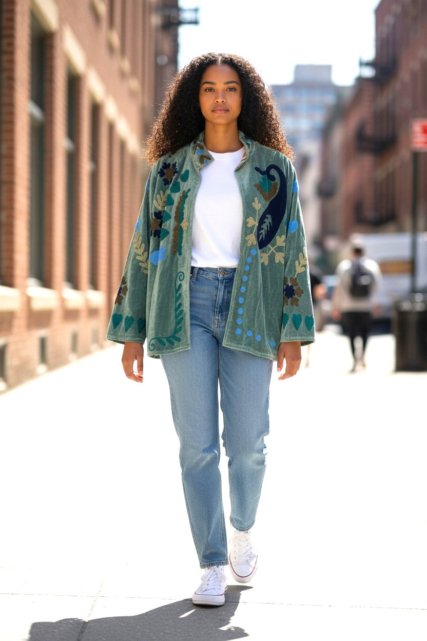 Velvet Suzani Jacket - Light Blue