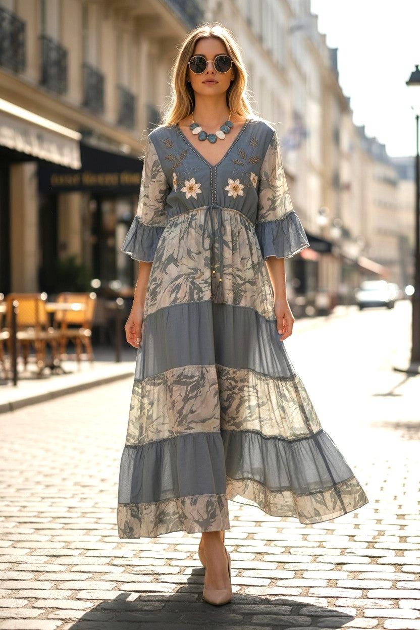 Grey Embroidered Silk Maxi Dress