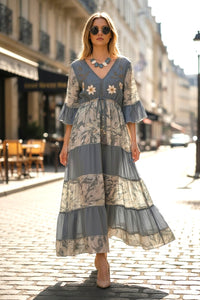 Grey Embroidered Silk Maxi Dress
