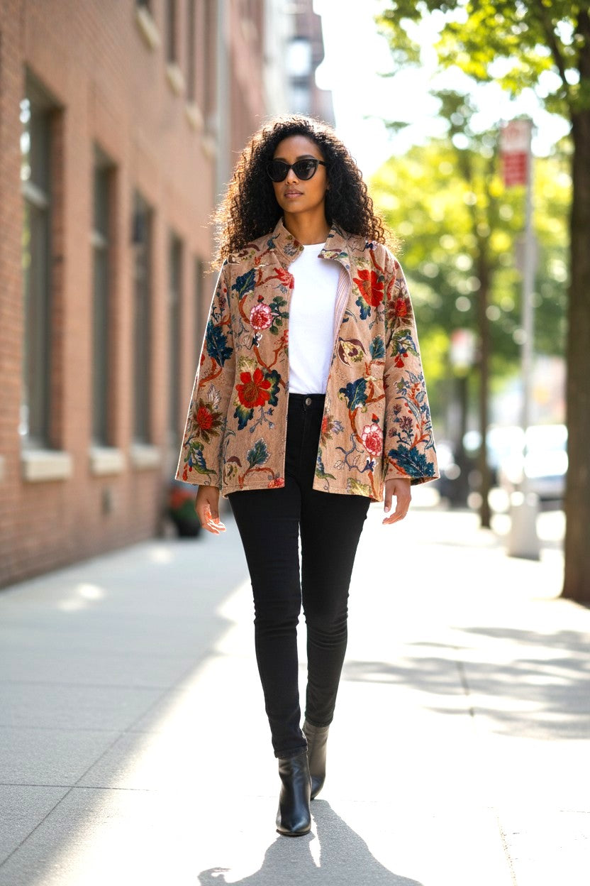 Velvet Printed Jacket Floral - Peach