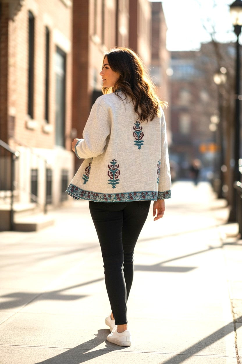 Indigo Hand Block Printed Cotton Jacket Floral