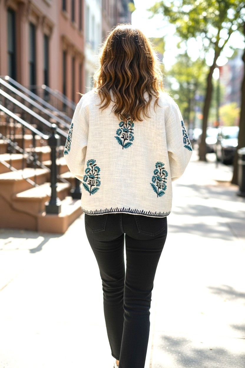 Indigo Hand Block Printed Cotton Jacket Floral