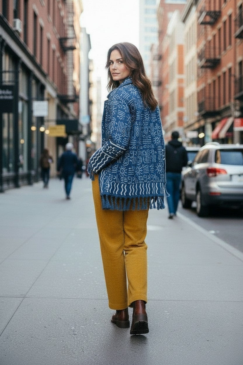 Indigo Hand Block Printed Cotton Jacket Floral Geometric