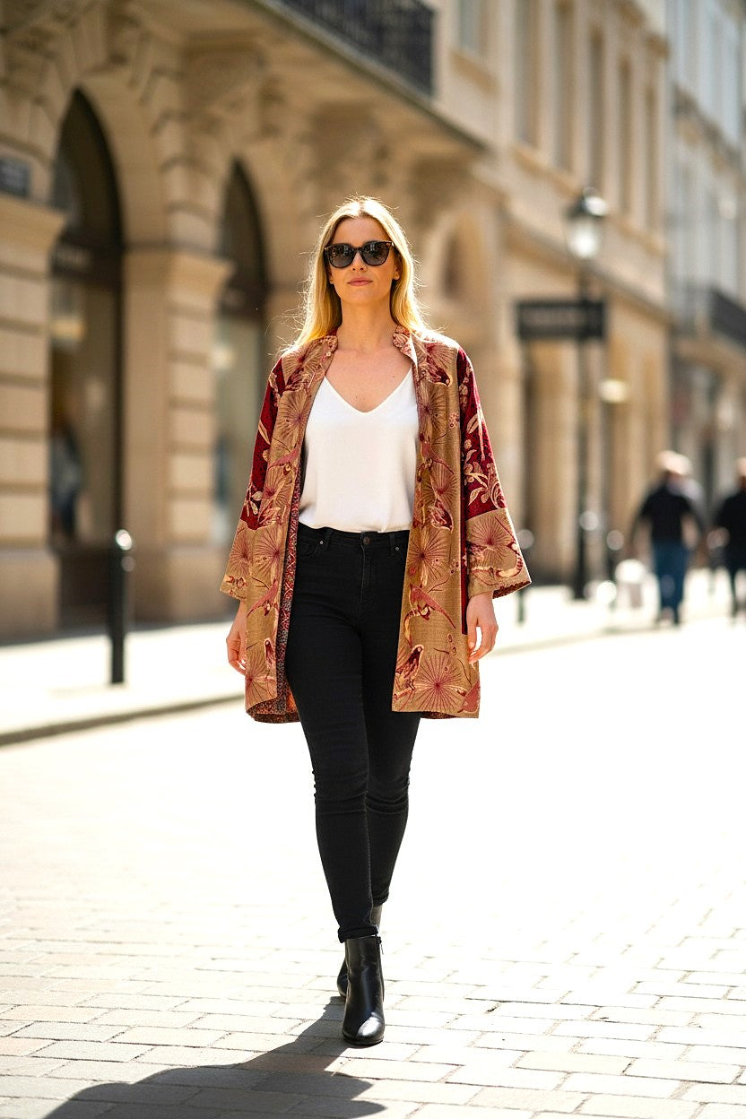 Silk Viscose Printed  Maroon Jacket with Birds