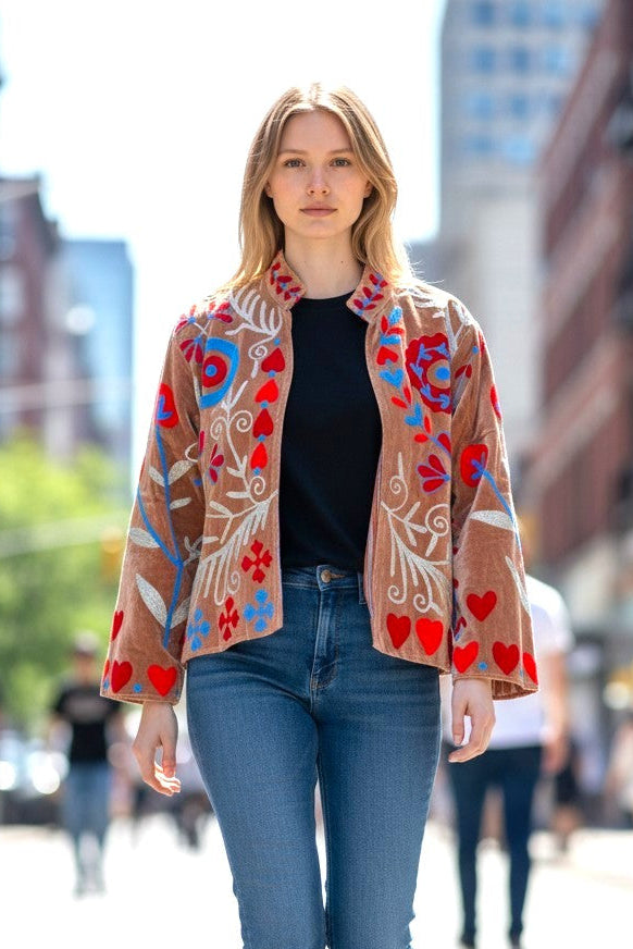 Velvet Suzani Embroidered Jacket Beige