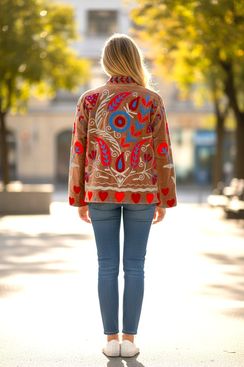 Velvet Suzani Embroidered Jacket Beige