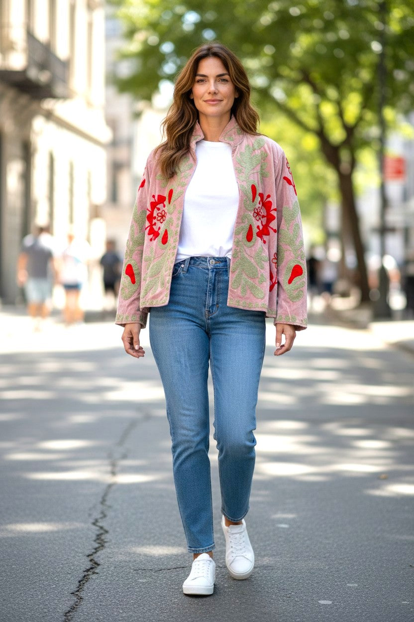 Velvet Suzani Jacket - Light Pink And Red