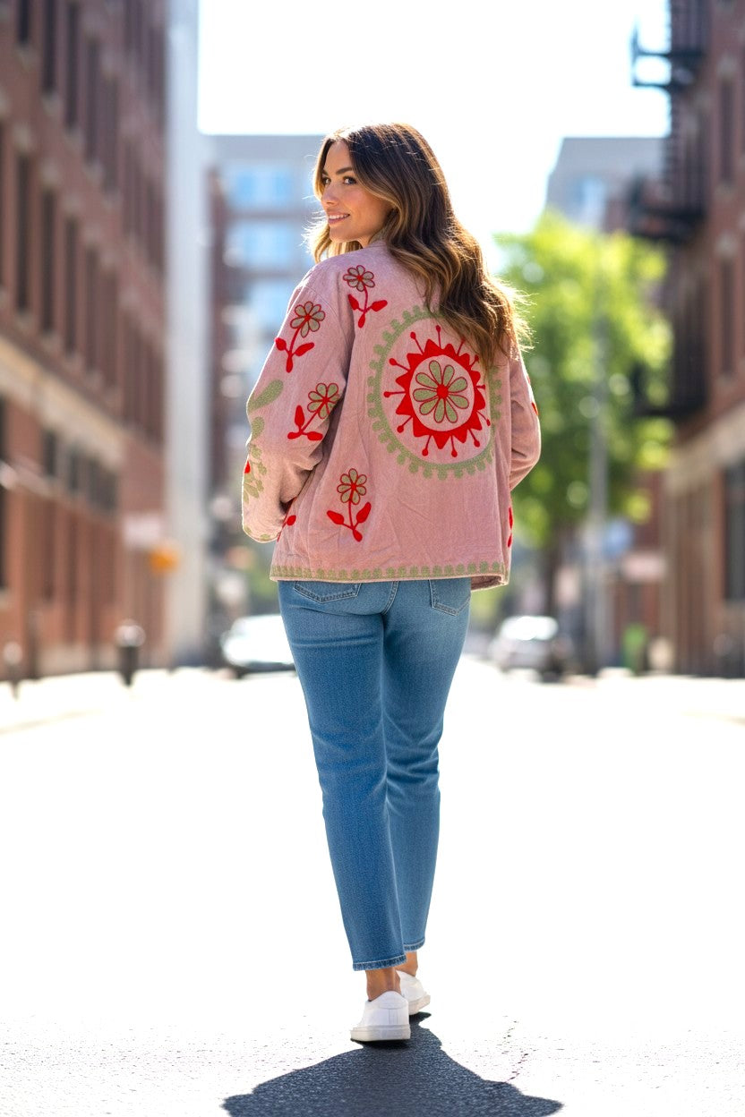 Velvet Suzani Jacket - Light Pink And Red