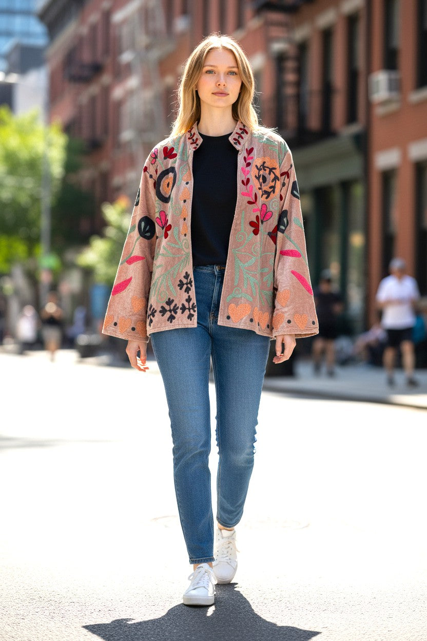Velvet Suzani Embroidered Jacket Beige