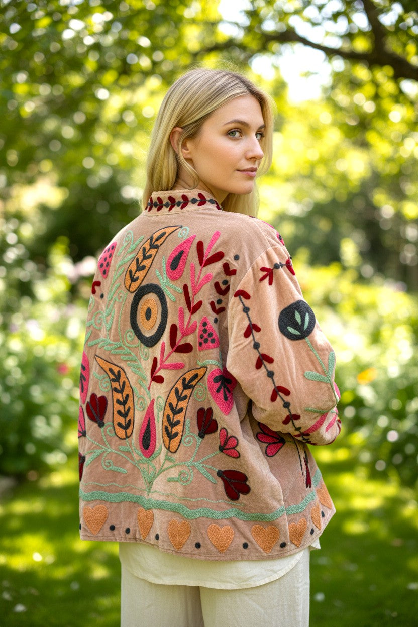 Velvet Suzani Embroidered Jacket Beige