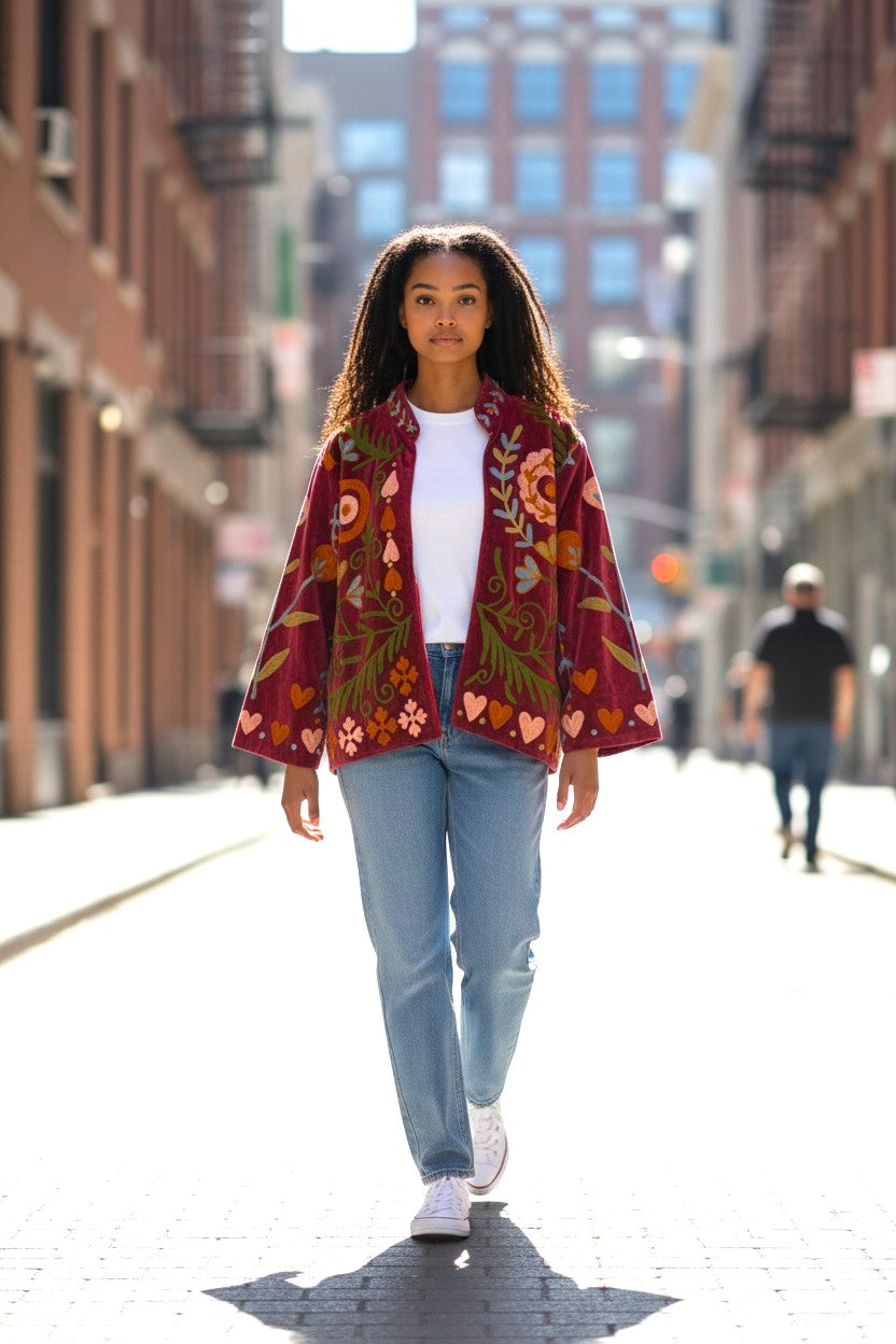 Velvet Suzani Jacket - Burgundy