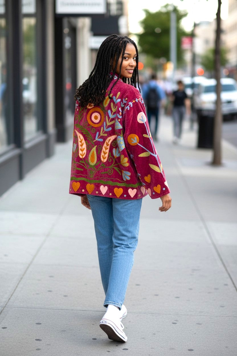 Velvet Suzani Jacket - Burgundy