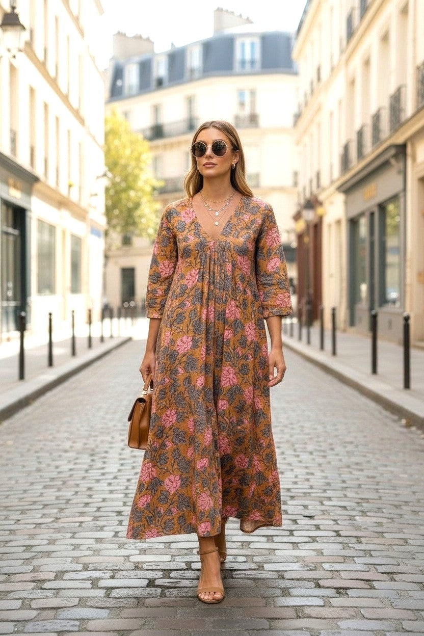 Multi colour Floral Cotton Long Dress