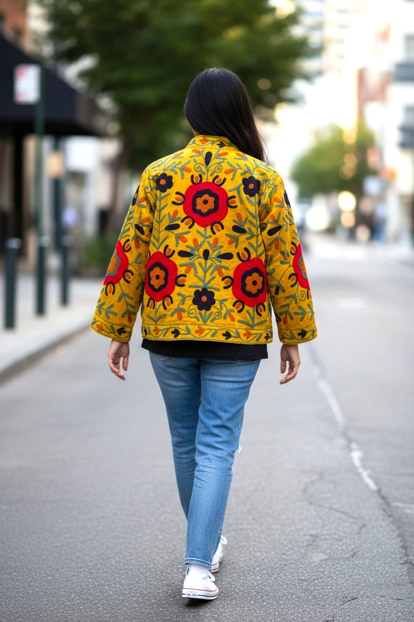 Velvet Suzani Jacket - Yellow - Pink Flowers