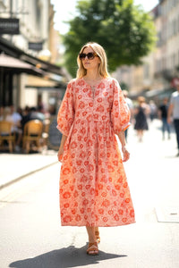 Orange Floral Cotton Long Dress