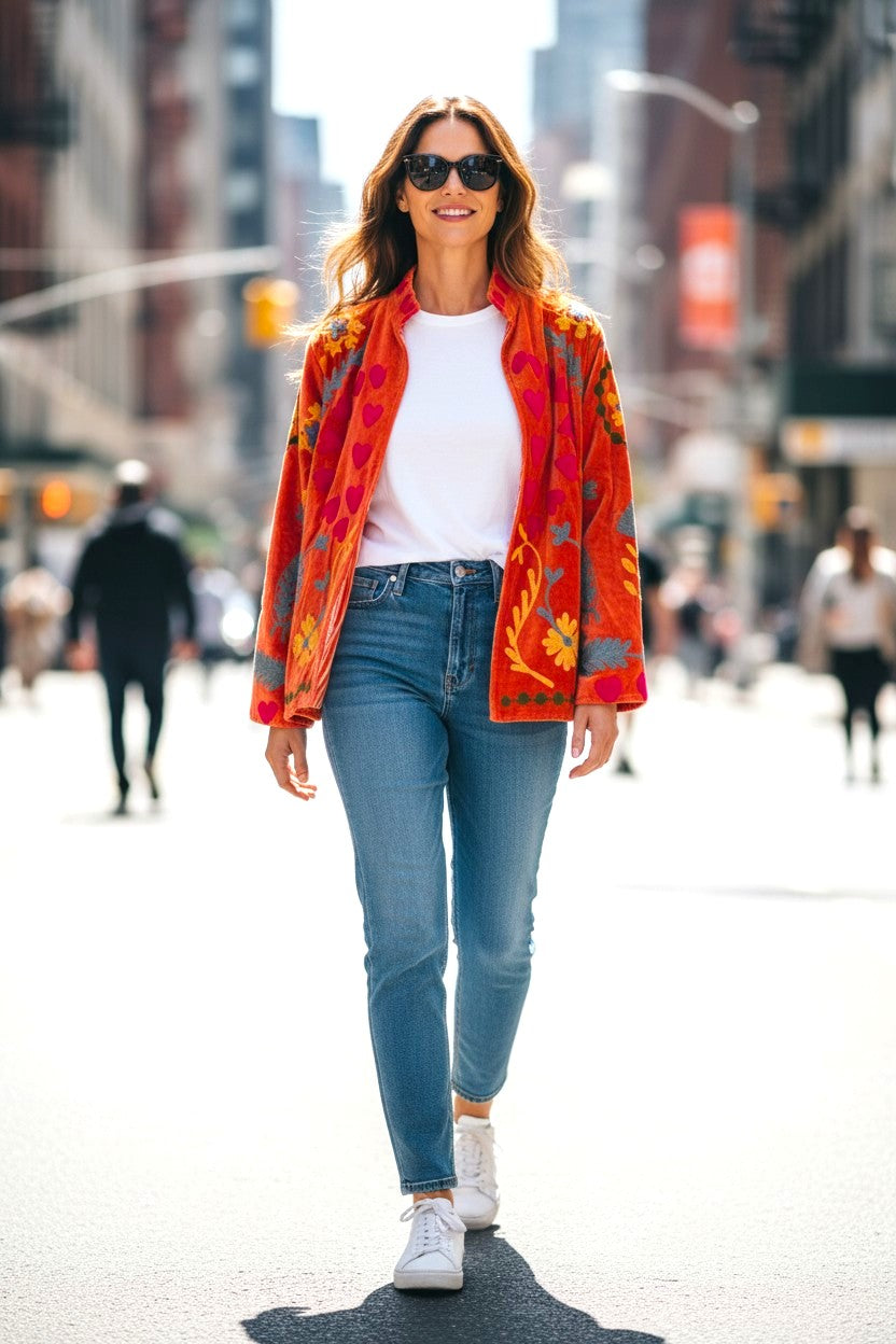 Velvet Suzani Jacket - Orange