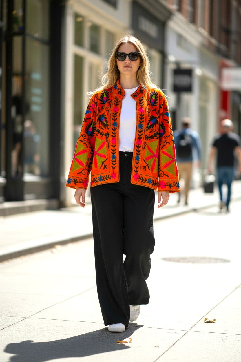 Velvet Suzani Embroidered Jacket Orange