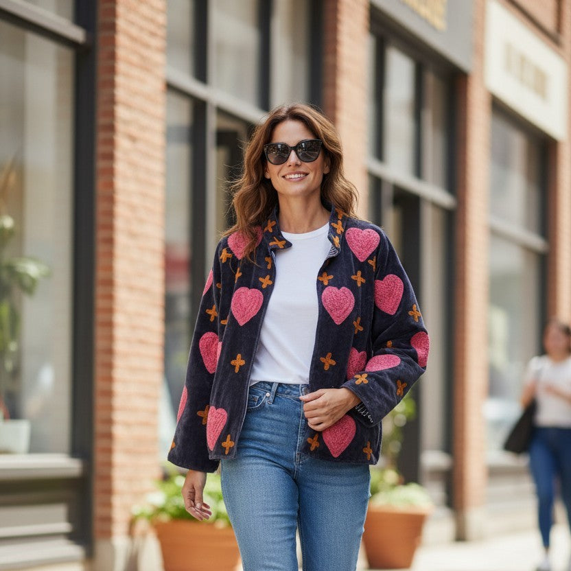 Woman walking on a city street wearing a colorful heart-patterned jacket, white sneakers, and blue jeans.