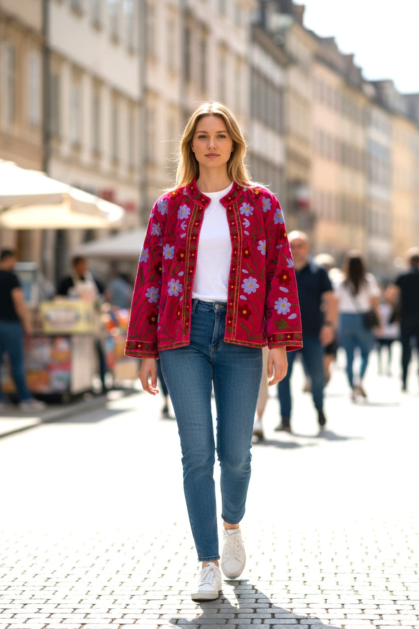 Velvet Suzani Embroidered Jacket Fuschia