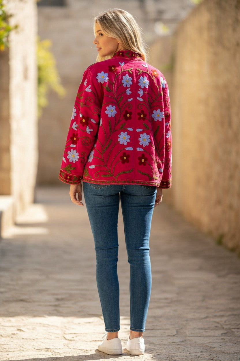 Velvet Suzani Embroidered Jacket Fuschia