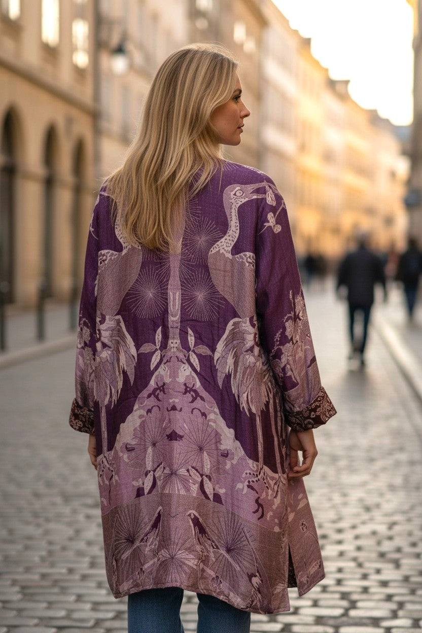 Silk Viscose Printed  Mauve Jacket with Birds
