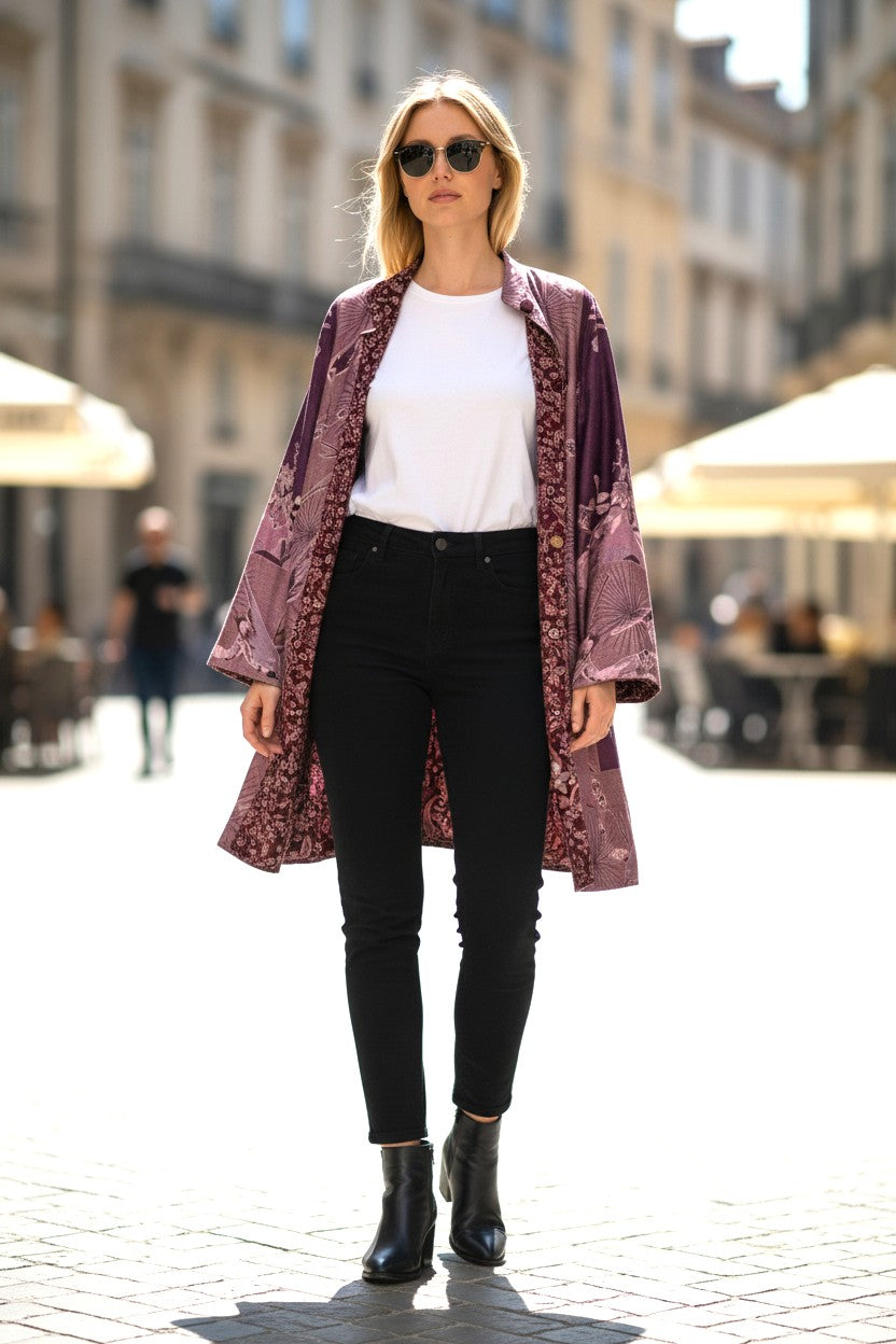 Silk Viscose Printed  Mauve Jacket with Birds