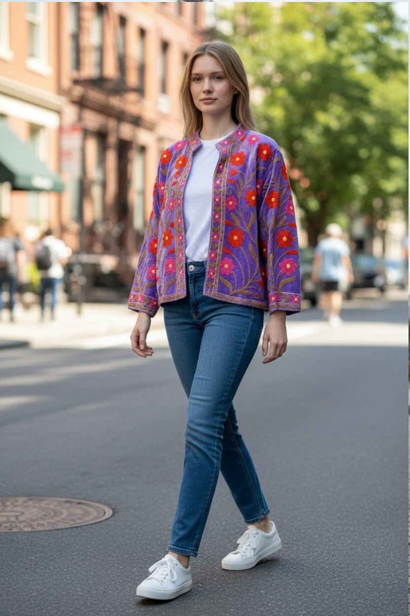 Velvet Suzani Embroidered Jacket Mouve