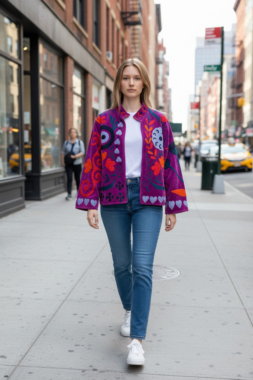 Velvet Suzani Embroidered Jacket Purple