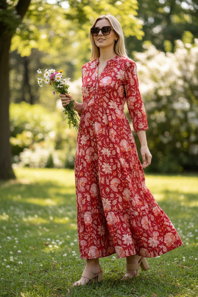 Red Floral Cotton Long Dress