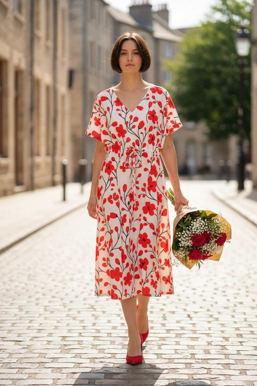 Red Floral Cotton Short Dress