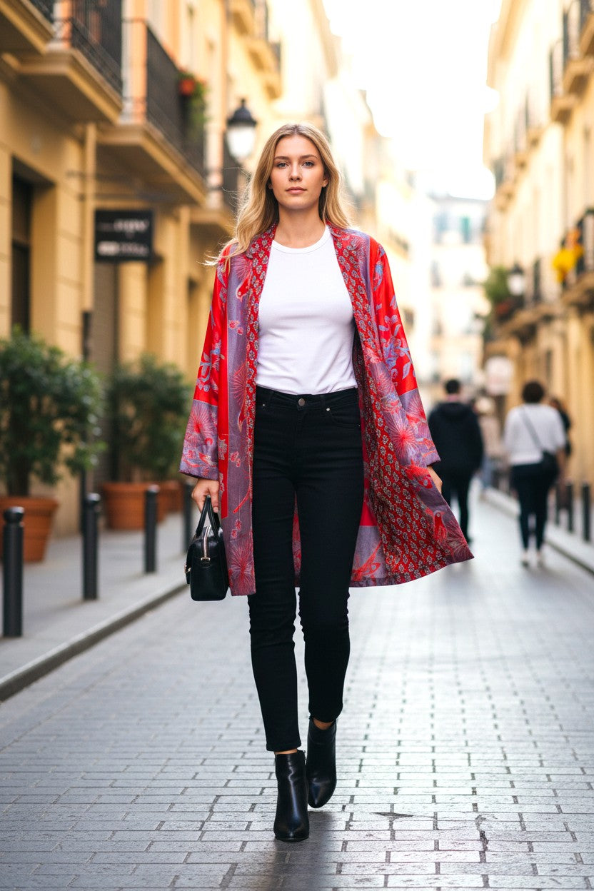 Silk Viscose Printed  Red Jacket with Birds