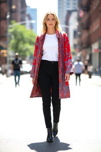 Silk Viscose Printed  Red Jacket with Birds