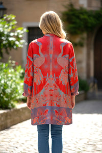 Silk Viscose Printed  Red Jacket with Birds