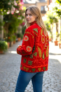 Velvet Suzani Embroidered Jacket Orangish Red