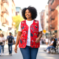 Woman wearing a red floral vest walking on a city street.